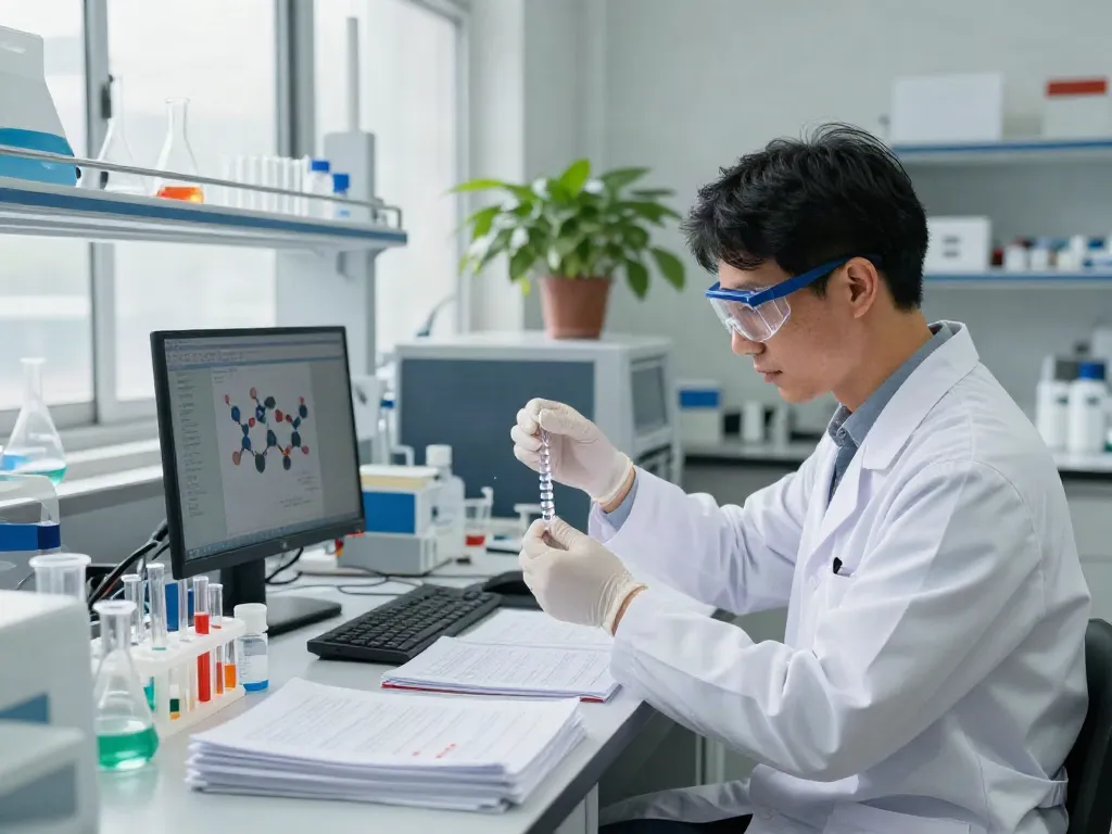Analyzing peptide samples in a laboratory, featuring retatrutide research.