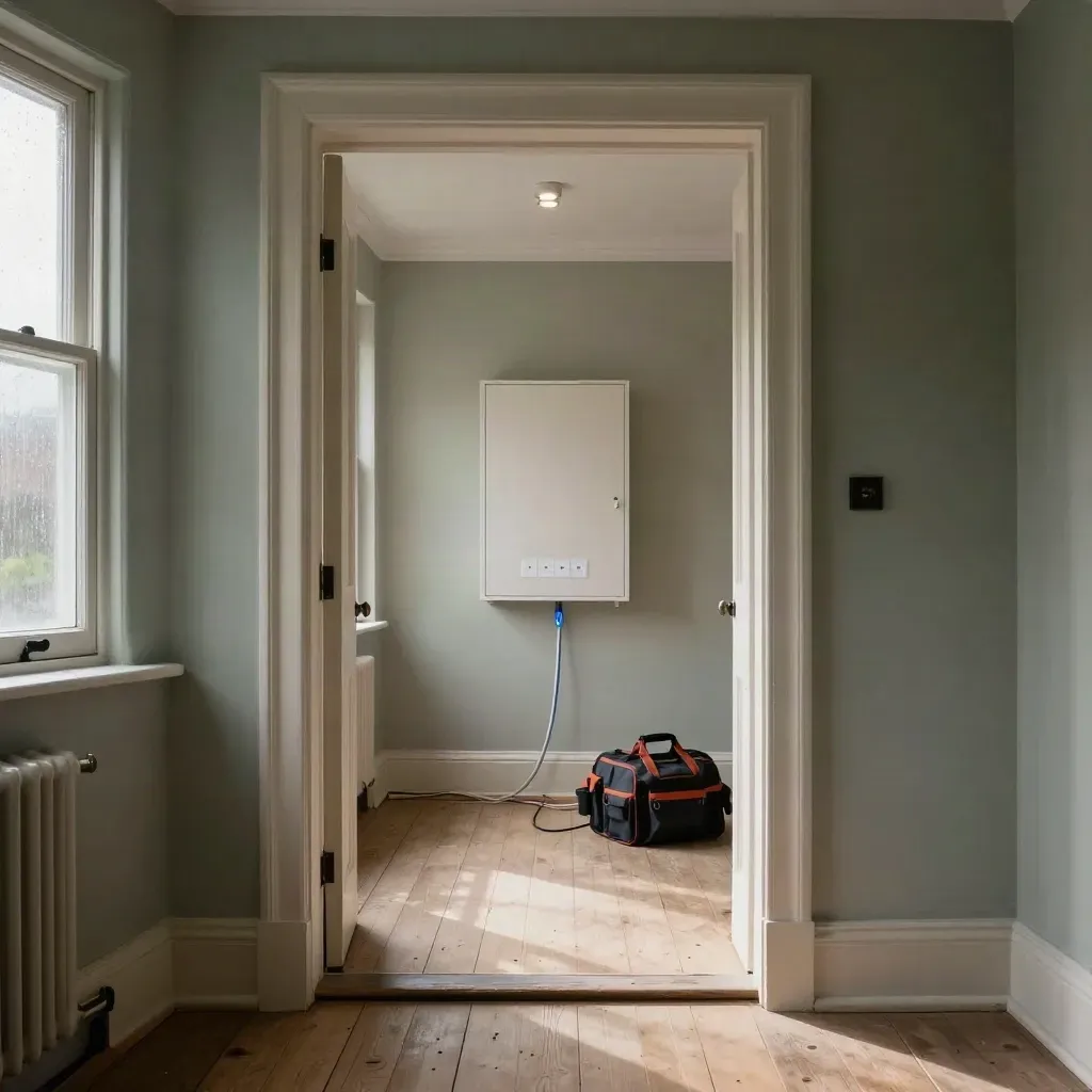 Victorian hallway with rewired front room, consumer unit cupboard, cables and lit downlights at dawn