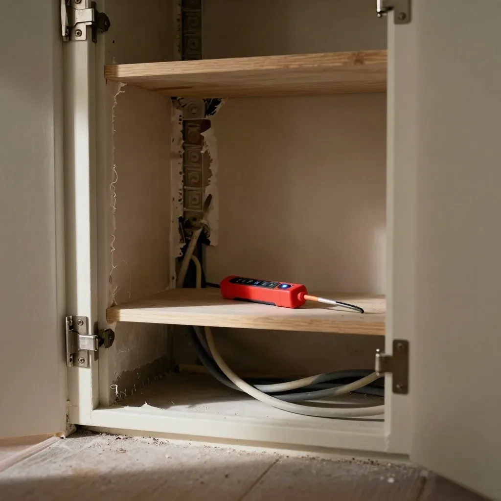 Dark utility cupboard with exposed wiring, tester, and repaired plaster in warm late-afternoon light.