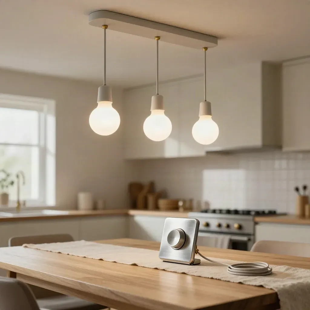 Matte pendants glowing over a pale kitchen table with bulbs, dimmer plate and brass fixings