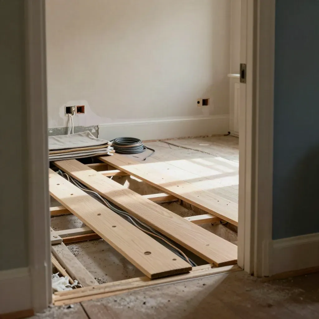 Lifted floorboards reveal new cable routes and socket boxes in a bare bedroom, lit with dramatic haze.