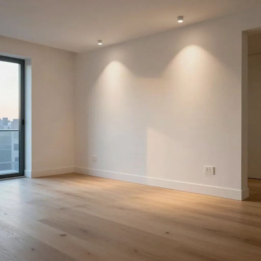Empty Leeds flat living room with new sockets, downlights and a warm lamp on bare floorboards.