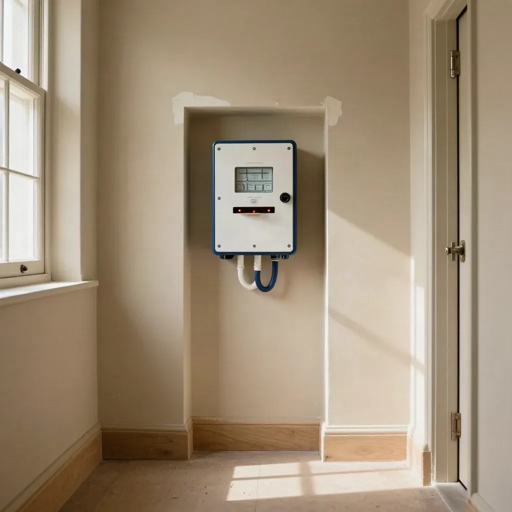 Tidy hallway meter cupboard with repaired consumer unit, fresh plaster patch, ready for inspection.