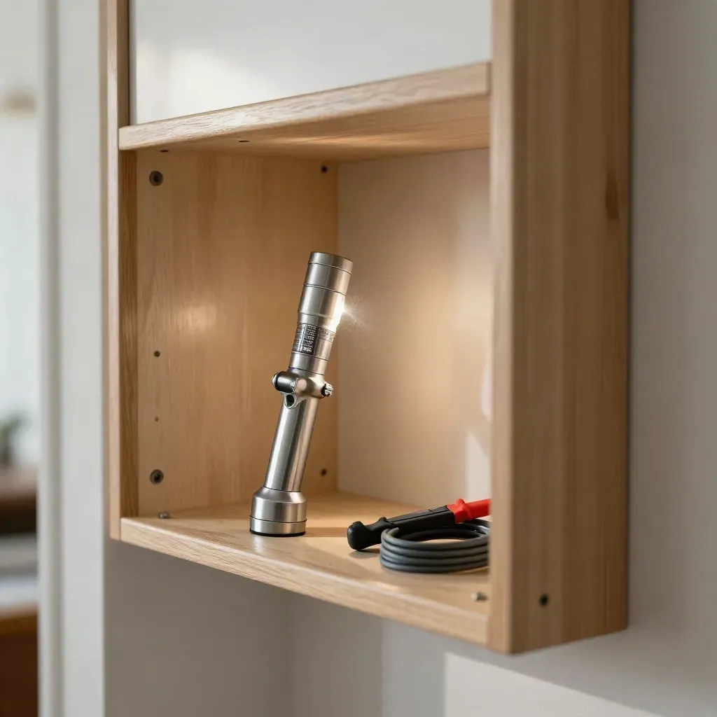 Open meter cupboard with torch, socket tester and neatly coiled test leads beside a clean consumer unit.