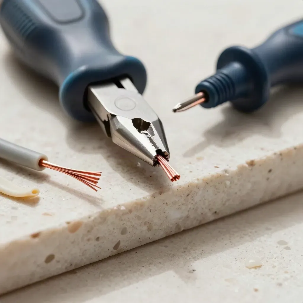 Macro tools after cable stripping: cutters, screwdriver tip, tester, copper strands on travertine.
