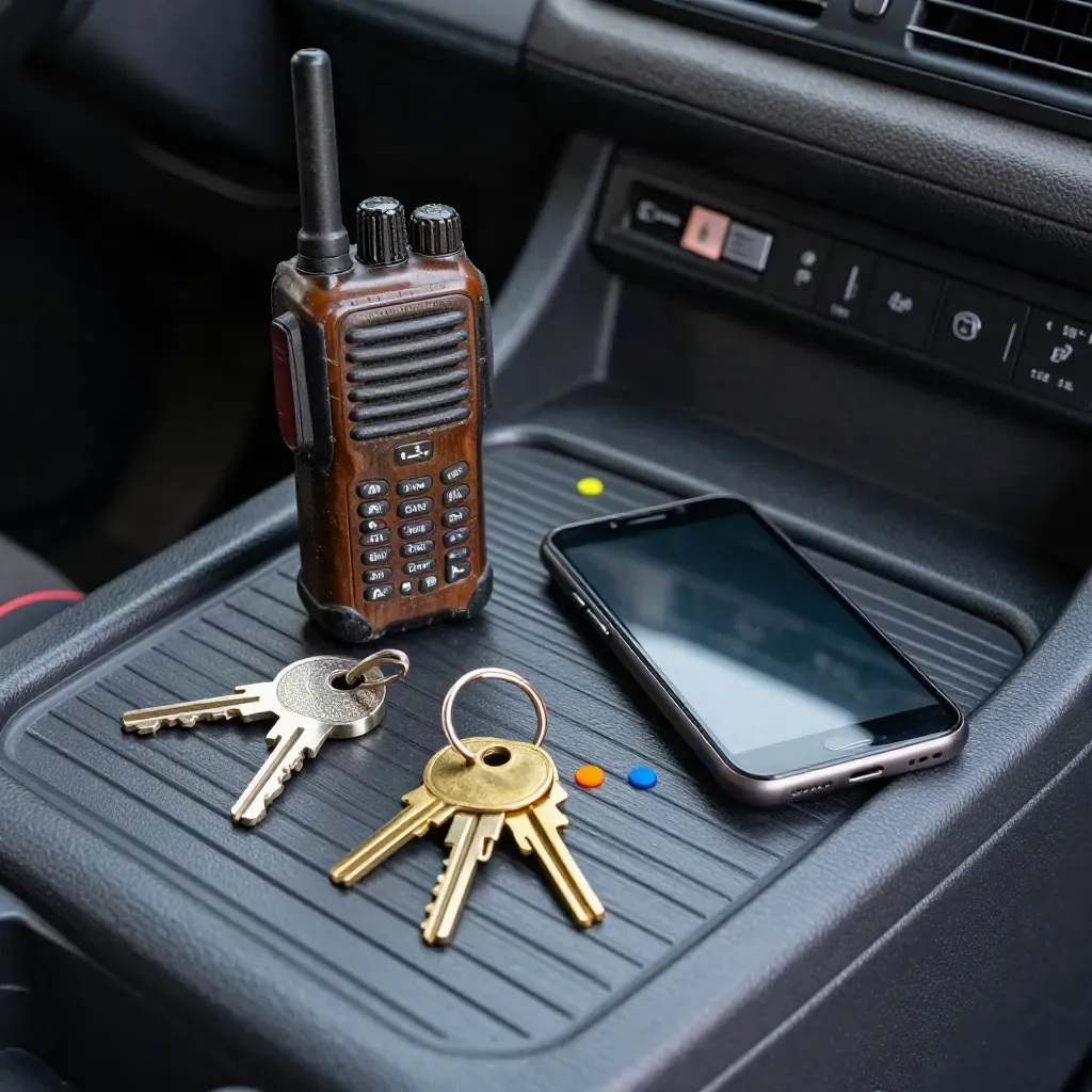 Van console still life with radio, phone, brass keys and cable markers in raking light.