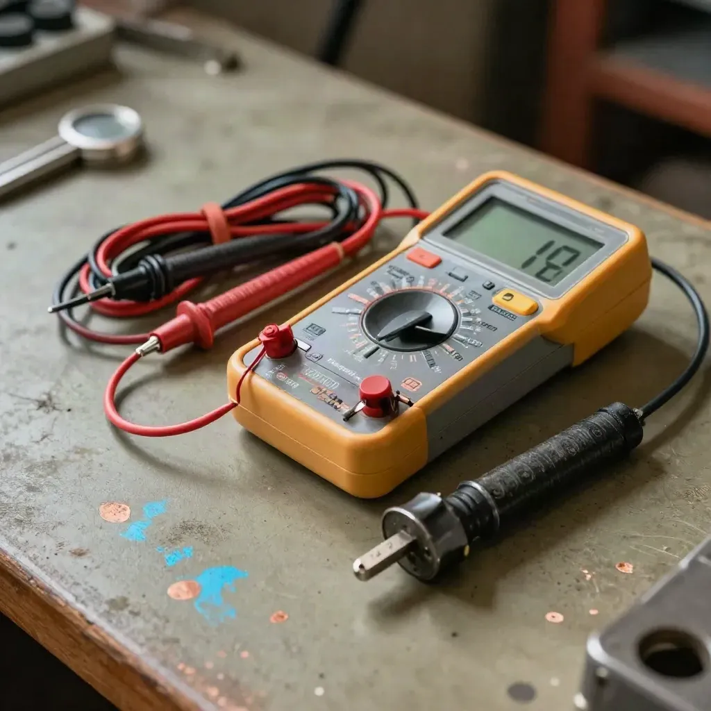 Multimeter, socket tester, test leads and adaptor on a khaki workbench with blue accent light.