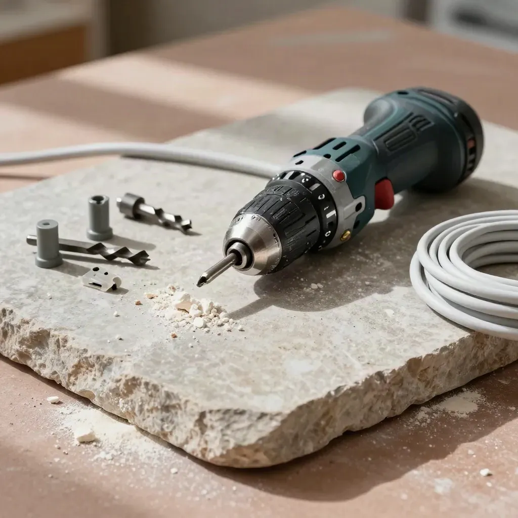 Cordless drill and installation parts laid on stone, top-down with soft daylight.