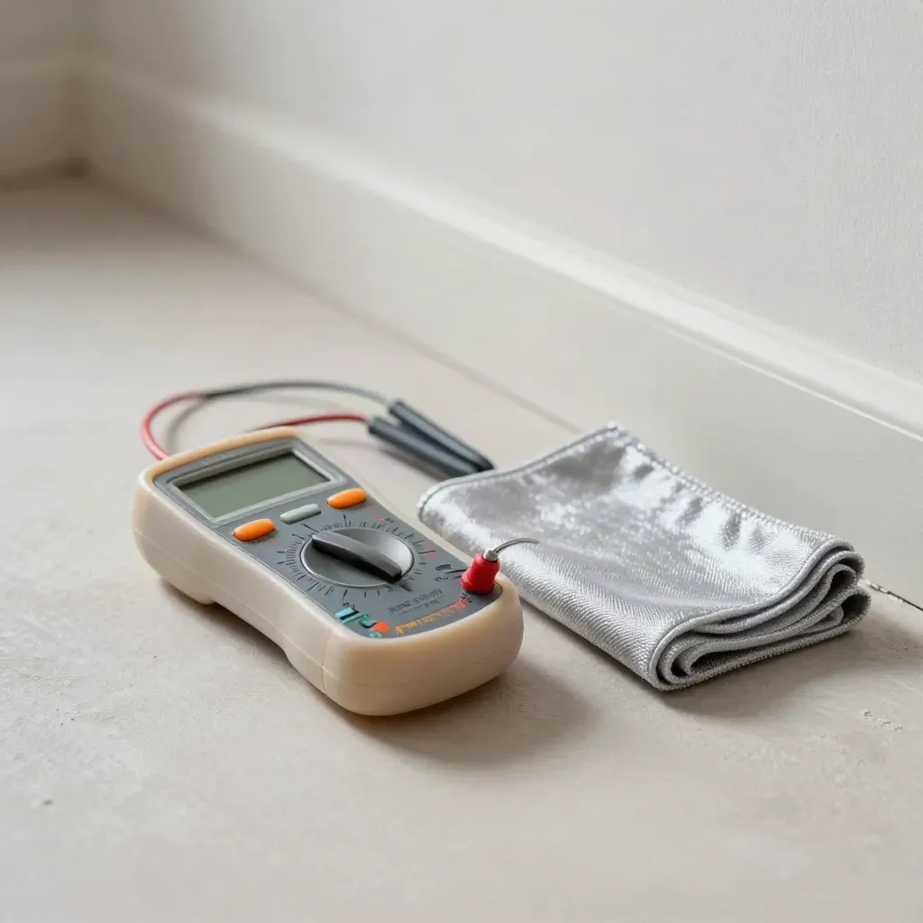 Socket tester, multimeter and microfiber cloth by a clean skirting board on soft plaster.