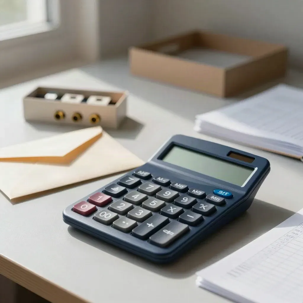 Calculator, quote envelope, parts box and carbonless sheets on pale wood.