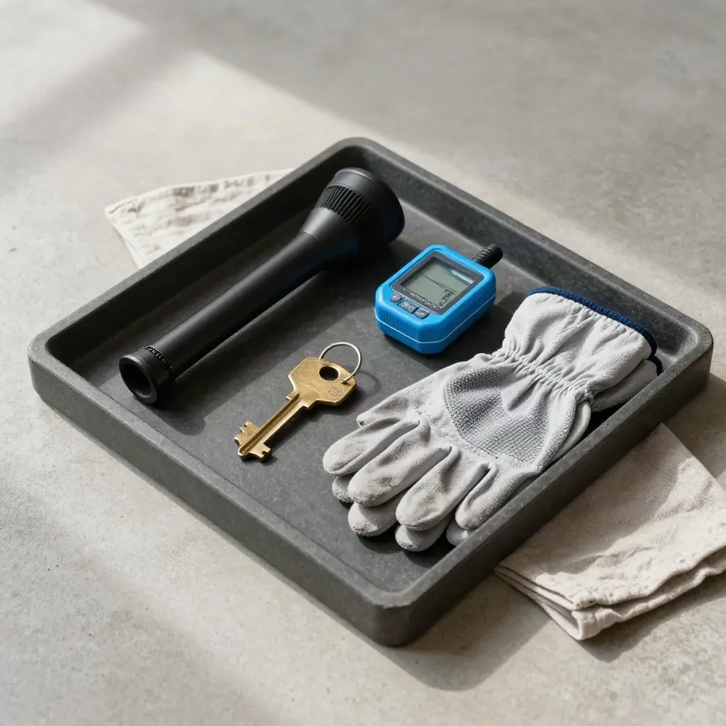 Boot tray still life with torch, keys, inspection meter and gloves in cool morning light.