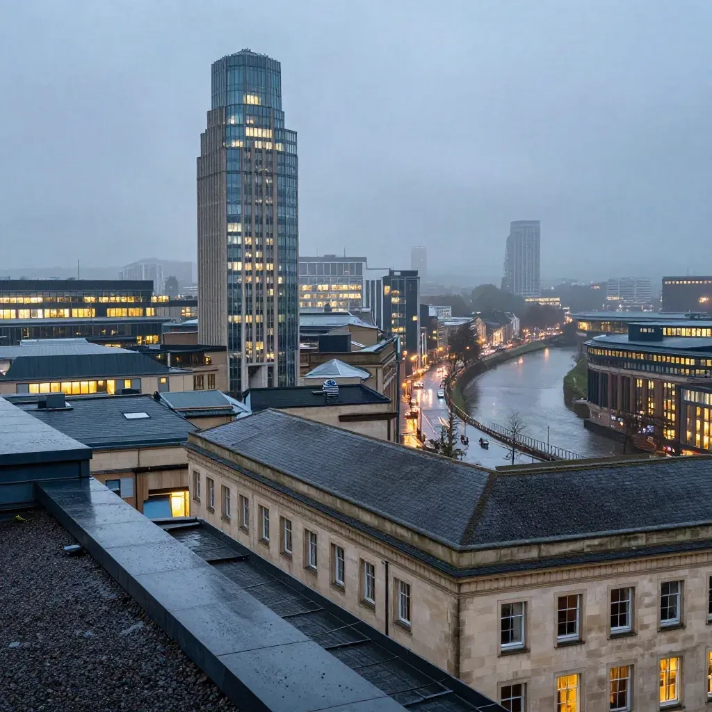 Leeds skyline at blue hour after rain, tower above hazy rooftops and wet stone